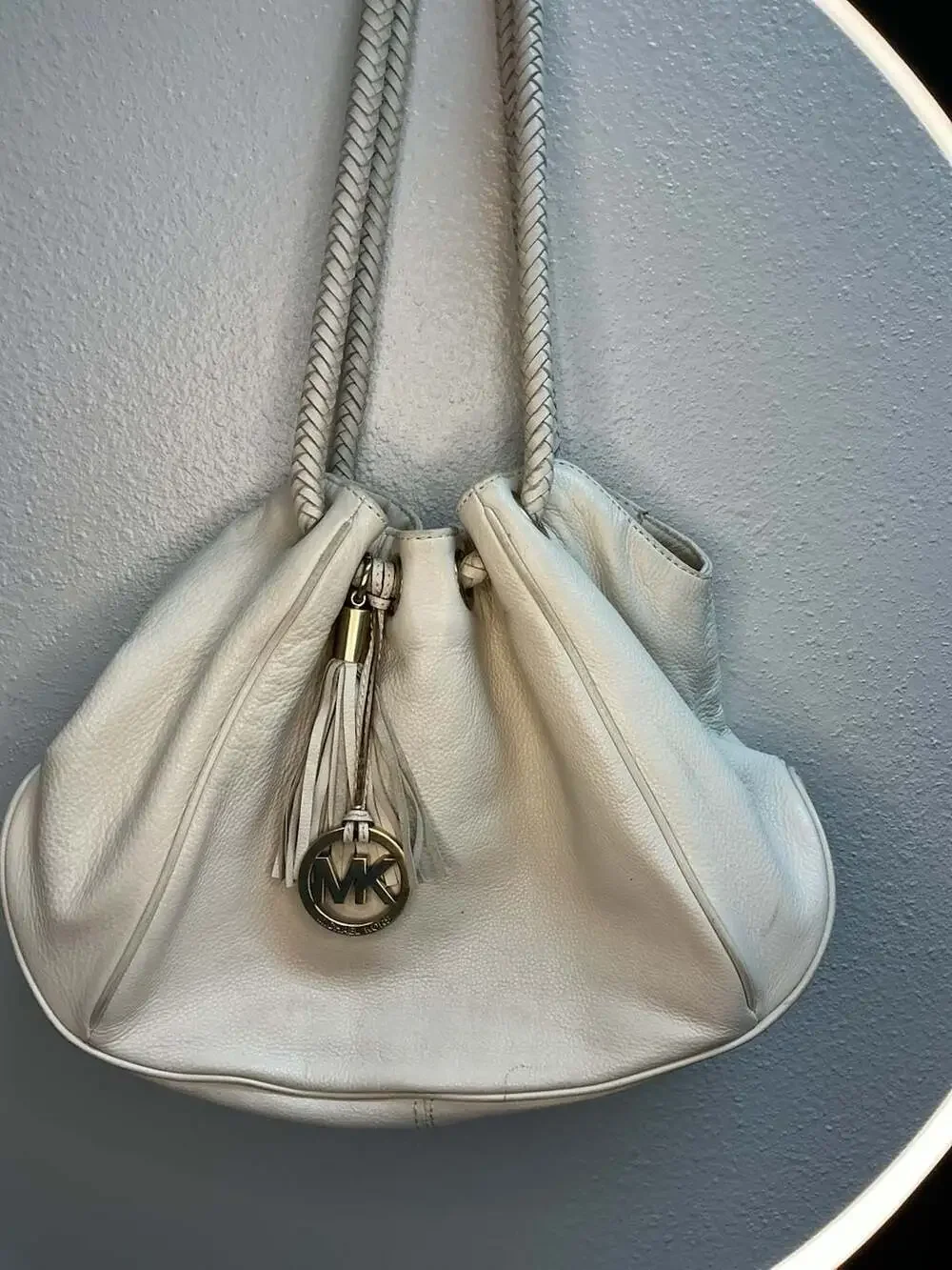 Michael Kors Ivory Leather Drawstring Tassel Shoulder Bag Hobo Bucket Bag